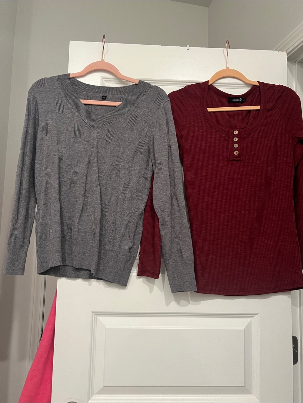 Gray V-Neck Knit Sweater and Burgundy Henley thermal blouse (2)
